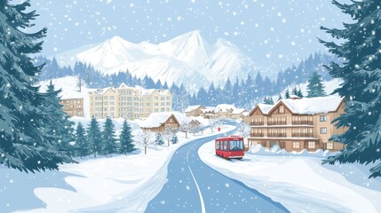 Fototapeta premium A serene winter landscape featuring a snowy village with charming chalets and a bus amidst falling snow.