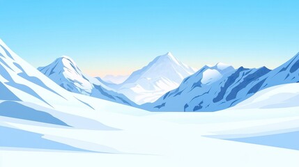 A stunning digital landscape featuring majestic snow-capped mountains under a clear blue sky.