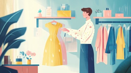 Smiling Man Choosing Yellow Dress in Boutique - Fashion Consultant at Work