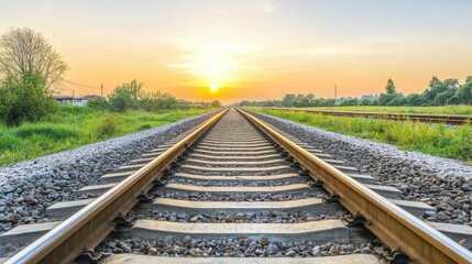 Obraz premium A scenic view of railway tracks stretching into the horizon at sunset, surrounded by lush greenery.