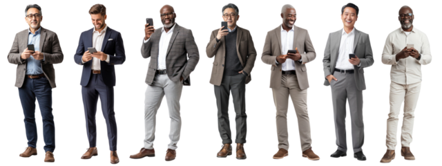 PNG Diverse professionals using smartphones, element set on transparent background
