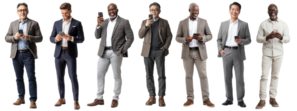 PNG Diverse professionals using smartphones, element set on transparent background - Powered by Adobe
