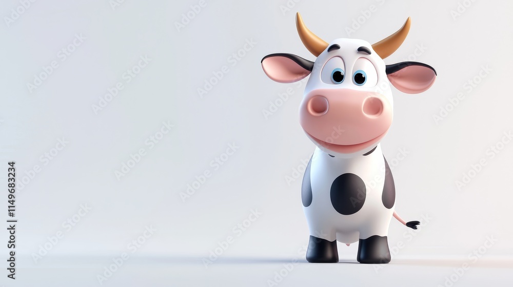 Poster cute 3d cartoon cow in an animated pose with friendly expression and simple background