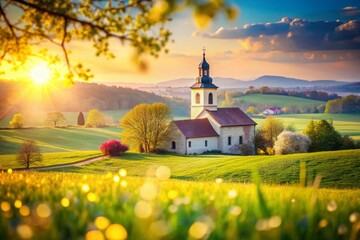 Springtime in Uruena: Charming Village Church & Lush Green Fields - Bokeh Effect