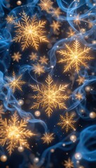 Golden snowflakes on a dark blue background with glowing orbs and swirling patterns.