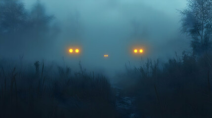 Obraz premium A misty landscape with glowing lights emerging through fog, creating an eerie atmosphere.