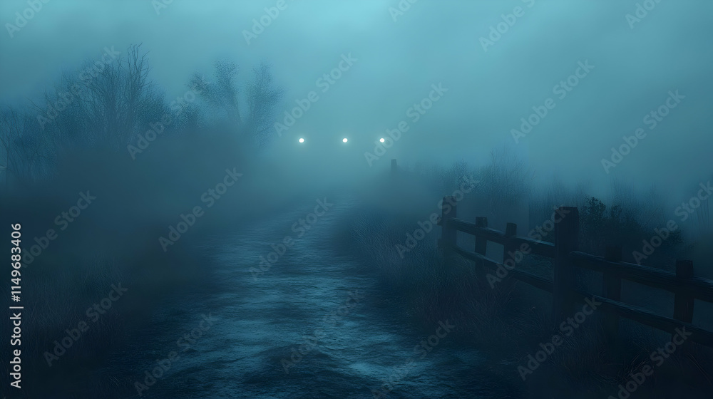 Poster a misty pathway illuminated by distant lights, creating an eerie atmosphere.