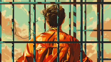Man in Prison Wearing Orange Jumpsuit, Portrait of man desperate to catch the iron prison, prisoner concept, Hope to be free, Man Behind Bars In Jail, Generative Ai