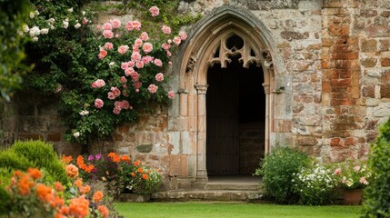 Stone doorway with climbing roses and garden.
