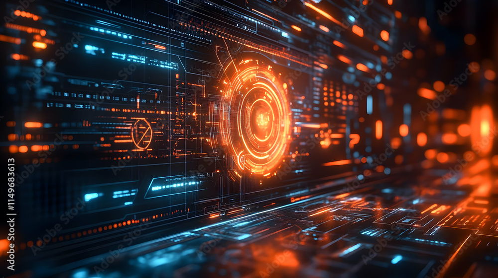 Poster futuristic digital interface with glowing patterns and circuitry.