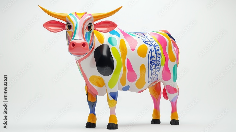 Poster playful 3d cartoon cow with colorful patterns and captivating design elements