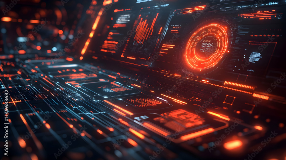 Poster futuristic digital interface with glowing elements and data visualizations.