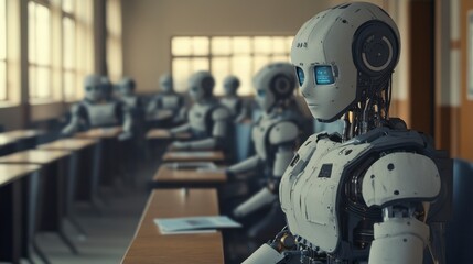Fototapeta premium Robots in Classroom Learning, Futuristic Education Scene