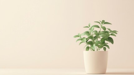 Minimalist Sage Plant in White Pot Against Beige Wall - Simple Home Decor