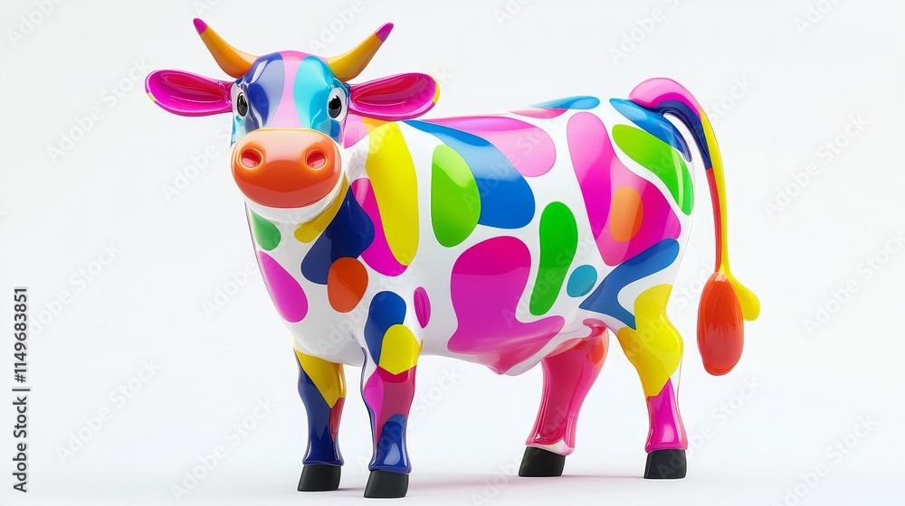Poster fun and colorful cartoon cow in 3d design with bright patterns and charming appearance