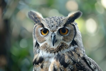 Obraz premium Close up of an owl showing its plumage and intense gaze in a natural environment