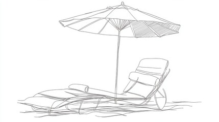 A minimalist line drawing of a lounge chair with a beach umbrella, evoking a peaceful day by the shore.