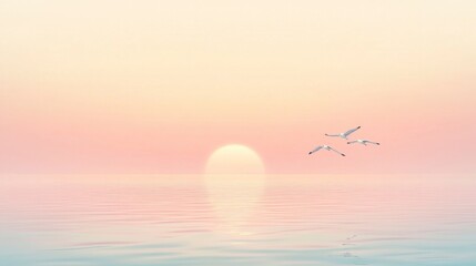 Fototapeta premium Serene Sunset Seascape with Three Gulls in Flight
