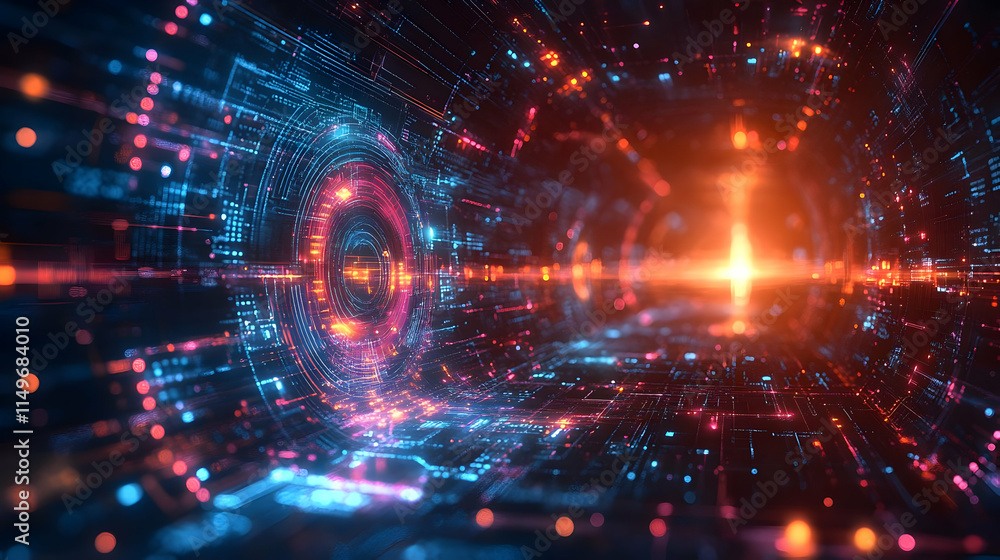 Poster a vibrant digital tunnel with glowing lines and patterns, suggesting advanced technology.