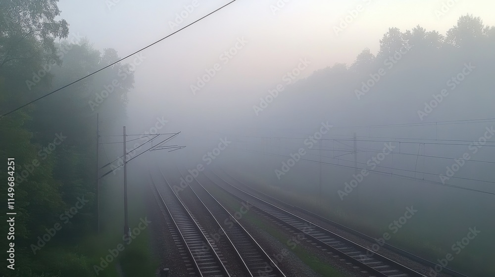 Poster misty railway tracks disappearing into the fog, creating a serene and mysterious atmosphere.