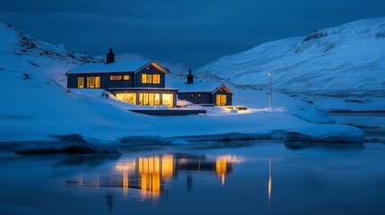 Fototapeta premium Cozy Cabin in Snowy Arctic Landscape at Night
