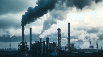 Obraz premium Industrial Pollution: Dark Clouds Over Refinery