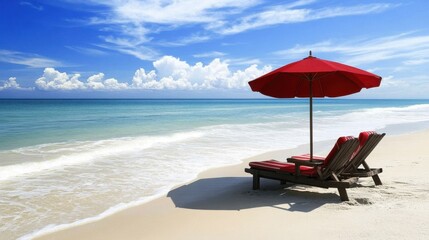 A tranquil beach scene featuring a red umbrella and lounge chairs, inviting relaxation under the blue sky.