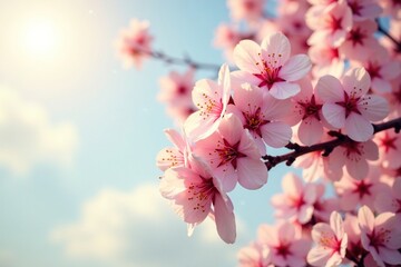 Obraz premium A blooming apricot tree with vibrant pink and white blossoms against a soft sunny sky,, blooming season, apricot blossoms