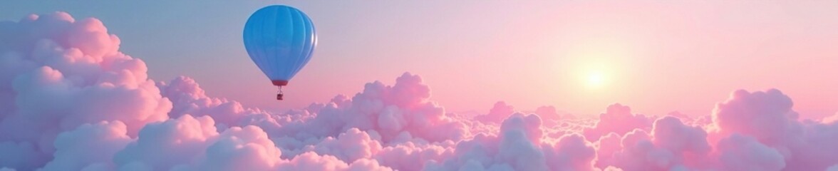 Obraz premium A blue balloon floats gently above a pink landscape with fluffy white clouds and a bright sun shining down, cloud, peaceful, colorful