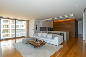 Modern living room with hardwood floors, large windows, white sofa, and wooden feature wall.