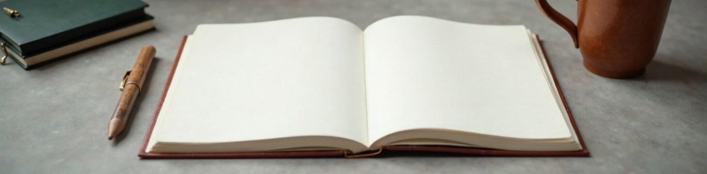 A blank page in a blank notebook on a minimalist desk background, sophistication, subtlety, notebook