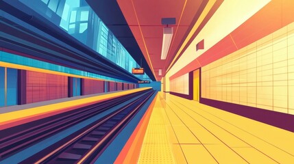 A vibrant and colorful abstract representation of a subway station, featuring bright hues and dynamic lines.