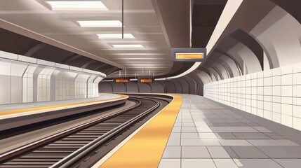 Obraz premium An empty modern subway platform with curved tracks, featuring overhead lights and digital display boards.