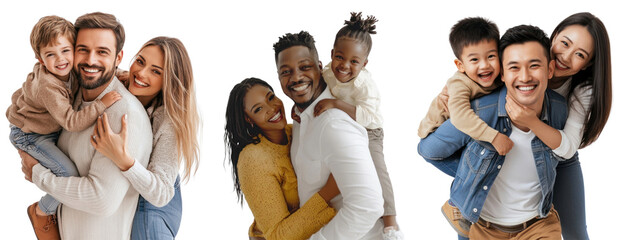 PNG Diverse joyful families hugging happily, element set on transparent background
