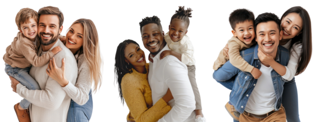 PNG Diverse joyful families hugging happily, element set on transparent background