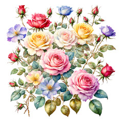 A collection of colorful roses and tiny flowers on a white background - Generative AI