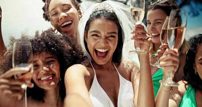 Bachelorette party, champagne and selfie of women at pool for travel, celebration and picture. Happiness, destination wedding and toast with friends in outdoor for summer, event and photography