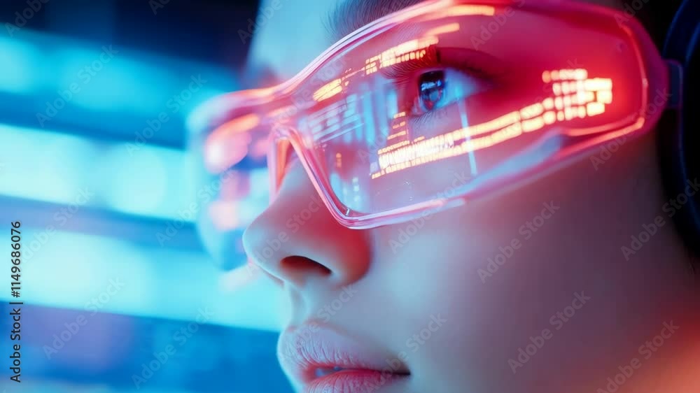 Aufkleber futuristic smart glasses with neon digital display in blue and pink light. augmented reality technol