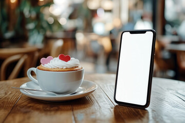 Valentine's Day celebration in a cafe with coffee, and blank smartphone screen