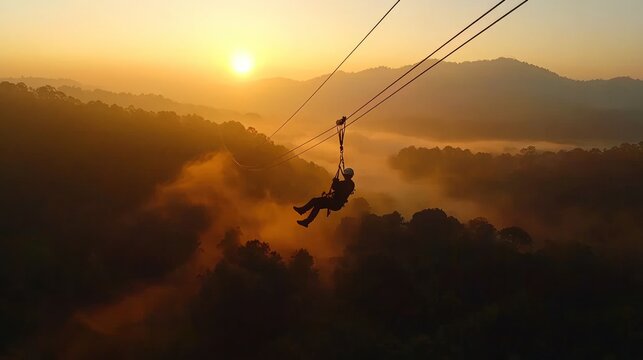 Adventurous ziplining at sunrise over misty mountains.