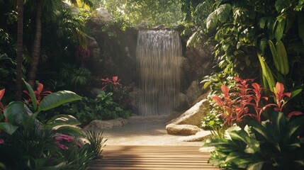 Obraz premium Tropical park with exotic plants, a small waterfall, and a wooden bridge, warm and adventurous mood 