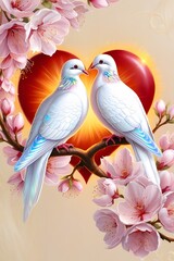 Obraz premium Two doves perched on a glowing heart-shaped branch, surrounded by pink blossoms and golden light