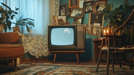 Retro living room with vintage TV, armchair, photos, plants, and warm lighting.