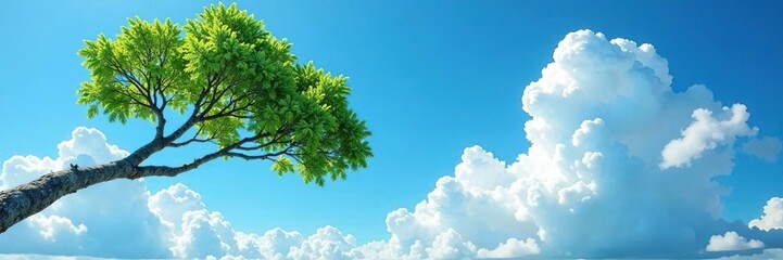 A branch tree is suspended in a brilliant blue sky with fluffy white clouds, serene, blue sky, branch tree