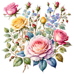 A collection of colorful roses and tiny flowers on a white background - Generative AI