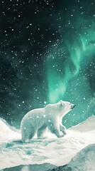 Polar Bear Walking in Snowy Arctic Aurora