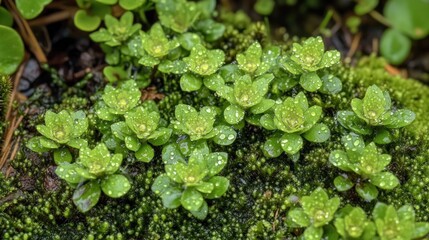 Fototapeta premium Dew-covered succulent plants growing on moss.