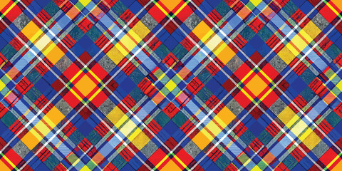 Colorful plaid pattern featuring vibrant blues, reds, and yellows.