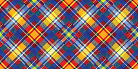 Colorful plaid pattern with vibrant squares and diagonal lines in various colors.