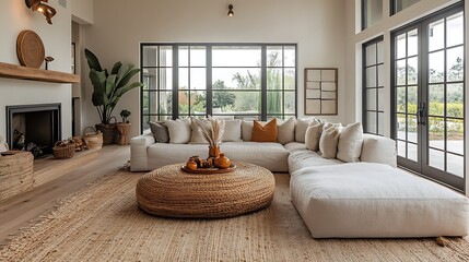 Modern living room with large windows, sectional sofa, woven coffee table, fireplace, and natural decor.